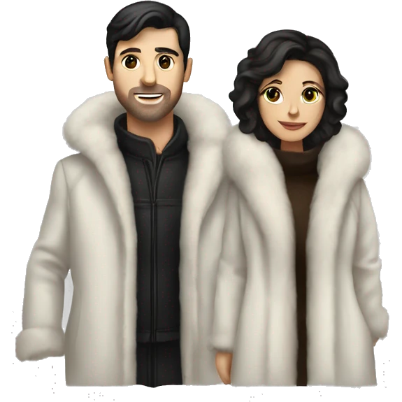 Dark haired White couple in long fur coats emoji