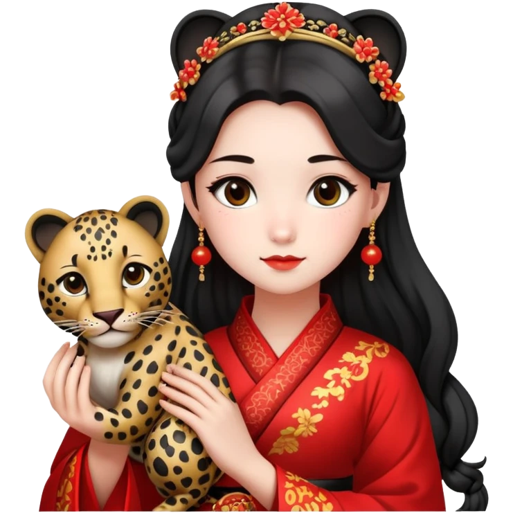 A beautiful girl in red Hanfu wedding dress is holding a black leopard emoji