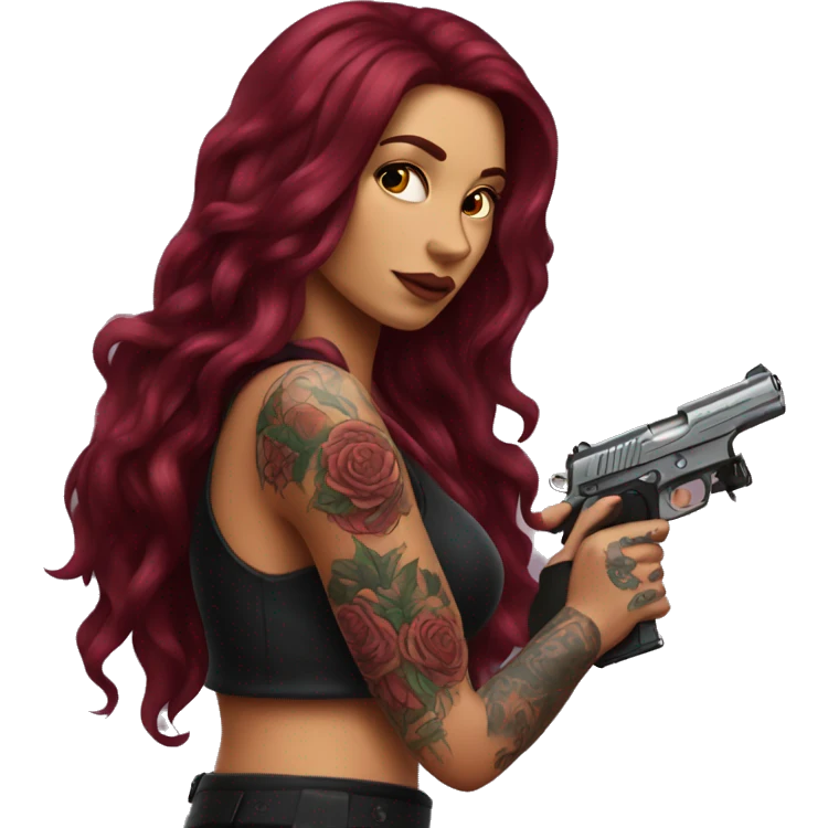 Beautiful tattooed burgundy long haired woman with a gun emoji