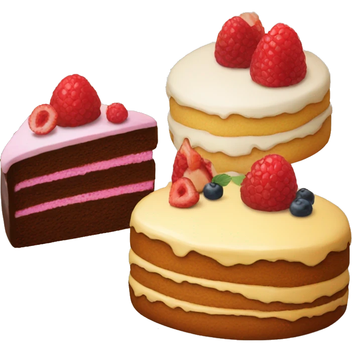 A wooden Table with three cakes on it emoji