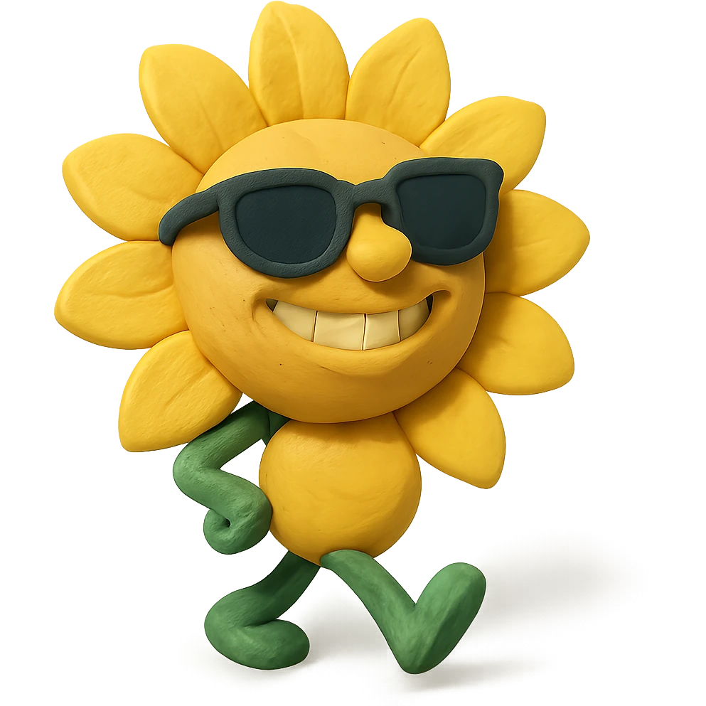 bright pastel yellow sunflower with large sunglasses, grinning proudly while strutting, round body, exaggerated confident face, claymation style emoji
