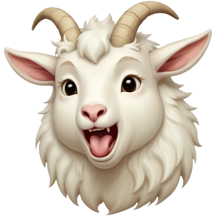 Cinematic Cute Yawning White Goat Portrait Emoji, Head tilted slightly with a dramatic, wide-open yawn, showcasing a soft, downy white fur with delicate horns and gently drooping ears, round eyes barely open in drowsy contentment, Simplified yet irresistibly adorable features, highly detailed, glowing with a soft, cozy glow, high shine, relaxed yet expressive, stylized with a touch of whimsy, bright and endearing, soft glowing outline, capturing the essence of a sleepy yet affectionate goat, so drowsy it feels like it could stretch out of the screen and curl up for a nap! emoji