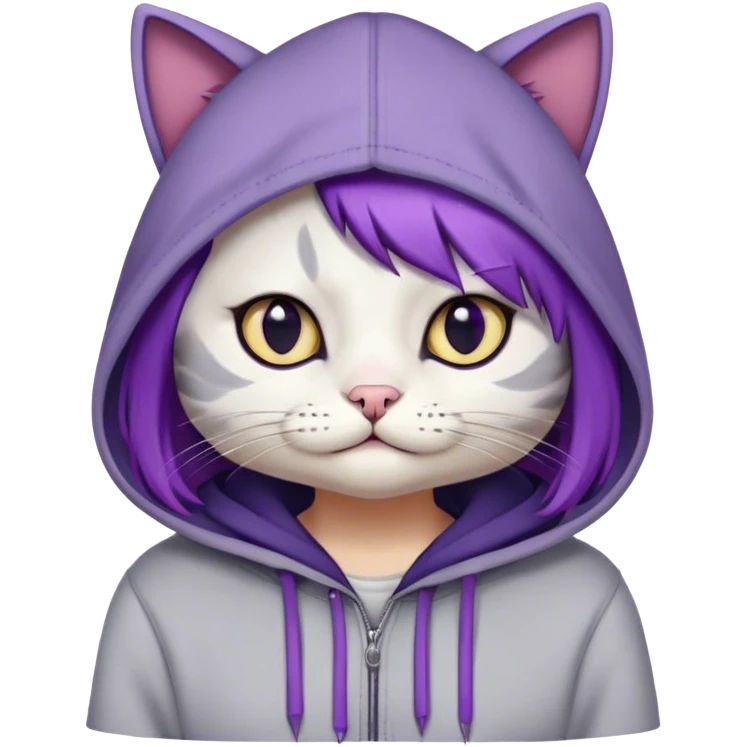 Stylized cat with purple bob styled hair, large circular half-lidded eyes with black eyeliner, a small oval nose, a permanent grimace, dark gray fur, off-white hoodie emoji