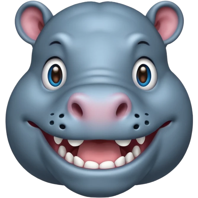 smiling hippo emoji, big mouth and round nose, bright gray and blue colors emoji
