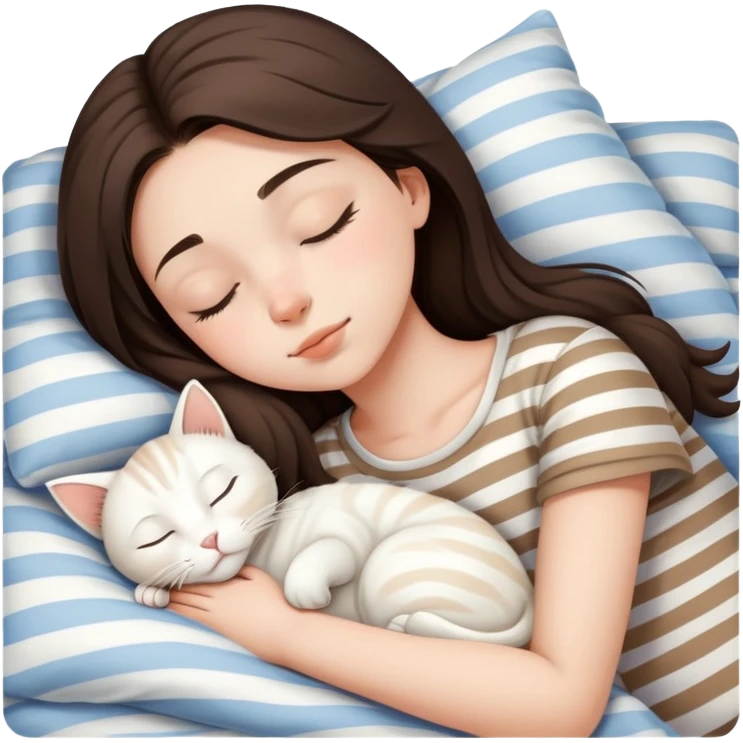 Brunette teenage girl sleeping with white cat that has beige stripes emoji