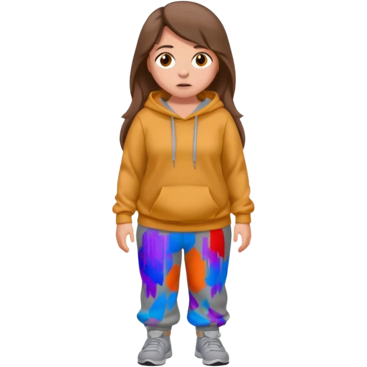 Chica grande  asustada de cuerpo completo mirado a la izquierda con pelo castaño largo y piel blanca  pantalones baggy  grises y hoodie gris  emoji