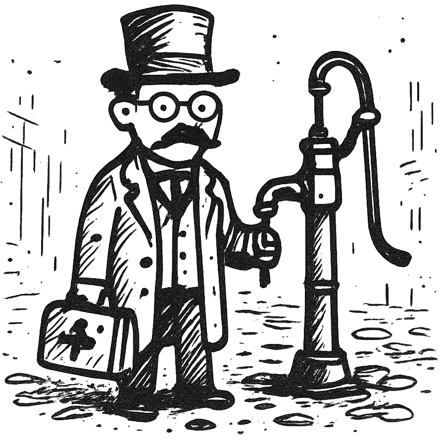 A victorian doctor with a street water pump in a dirty street emoji
