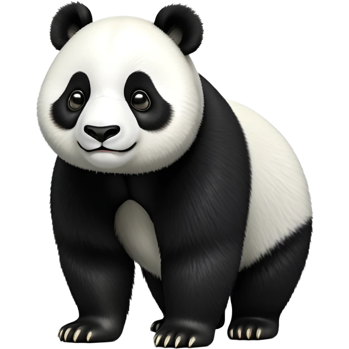 cinematic-[panda bear]-realistic-full-body-standing on all fours-emoji,-tail-tucked-close,-head-tilted-dramatically,-thick-[black and white]-fur,-simplified-yet-realistic-focused-features,-highly-detailed,-glowing-with-an-almost-sarcastic-glow emoji
