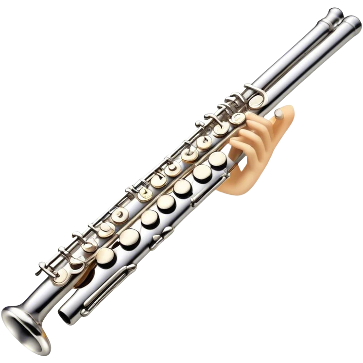 Cinematic Realistic Flute, polished silver metal with precise keywork, warm golden reflections dancing along its surface, soft hands carefully positioned over the keys, glowing with an elegant and airy charm. emoji