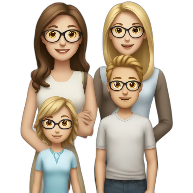 White family of 4, 1 mom with brown hair, 1 boy with Brown hair, 2 girls with glasses and long blond hair emoji