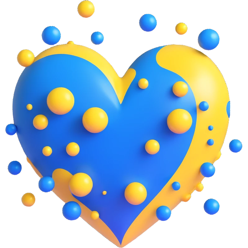 heart with yellow base, sparkly royal blue topping, yellow and royal blue bubbles around emoji