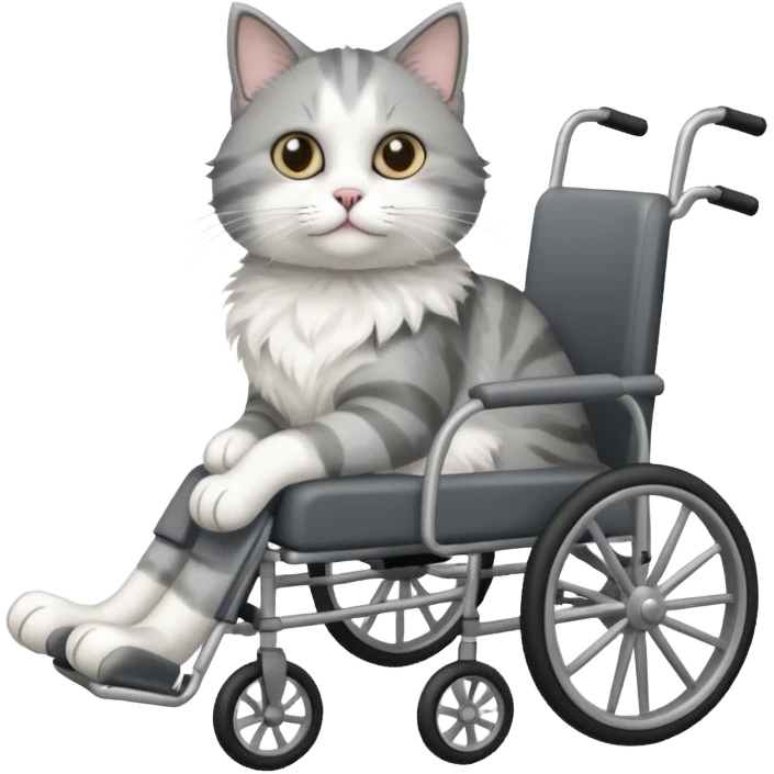disabled grey and white cat using pet wheelchair emoji