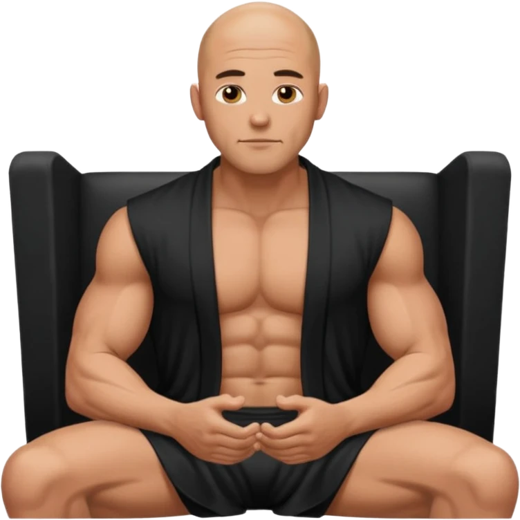 fullbody jacked bald guy, sleeveless and unbuttoned in full black robe sitting emoji
