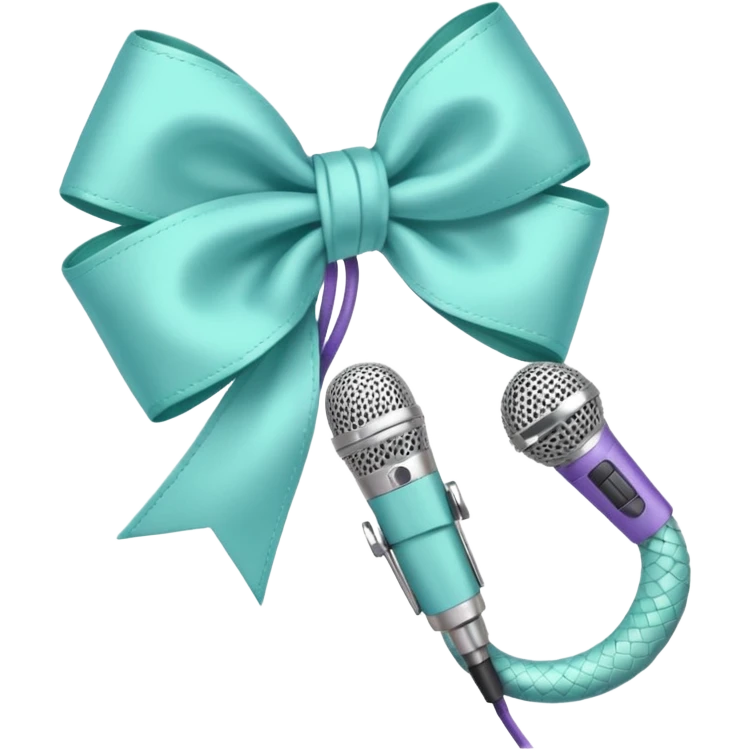A pastel blue bow with a pastel a pastel green snake at the top of one side and a pastel purple microphone on the bottom of the other side of the bow emoji