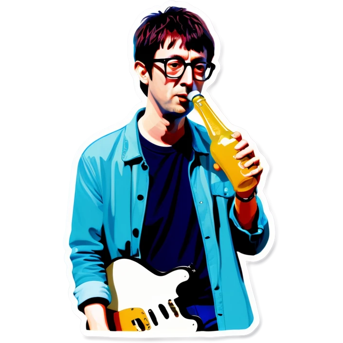 Blur guitarist Graham Coxon is holding butterscotch telecaster and drinking korean soju. emoji