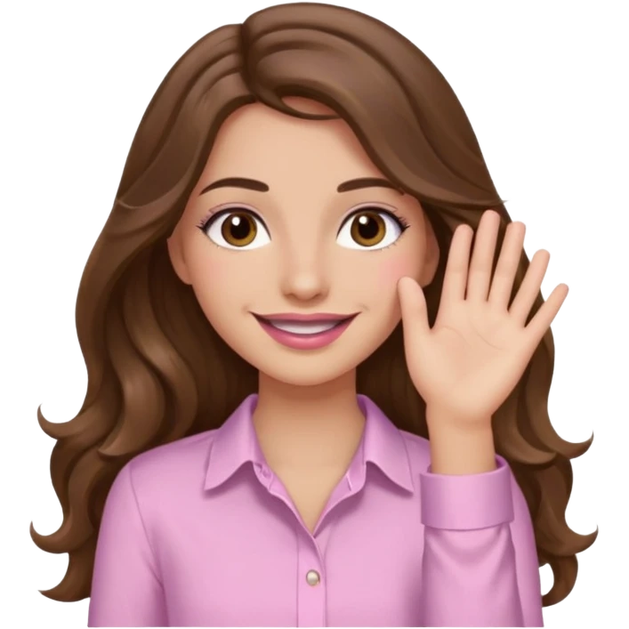 girl with wavy long brown hair, brown eyes, light to medium complexion, long lashes, light pink lipstick, wearing light pink shirt, smiling, hands over the eyes emoji