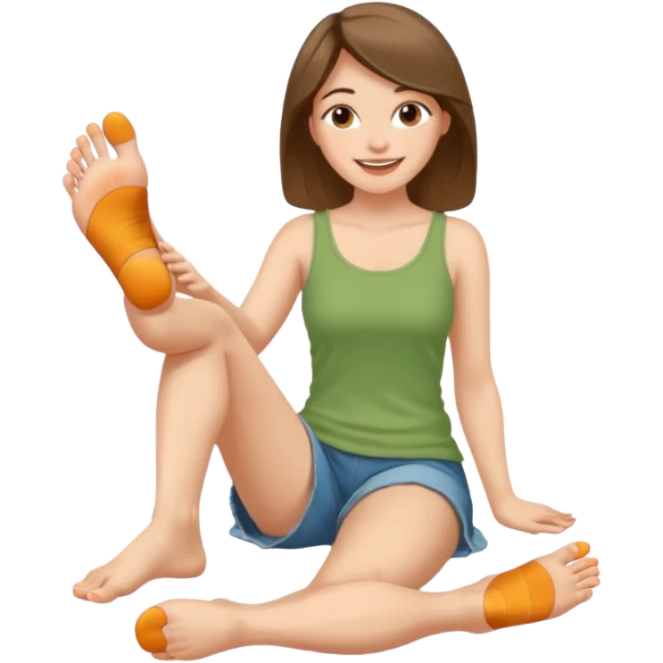 a woman sitting barefoot with one talking detailed pretty face on each foot's sole emoji