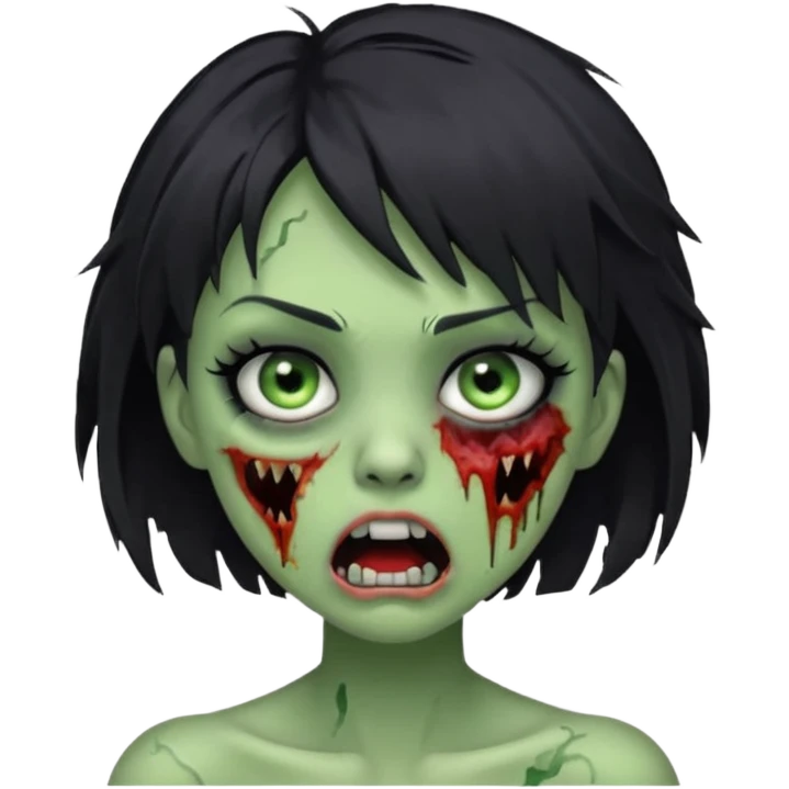 Green zombie girl with messy black short hair with lashes and torn cheek and open mouth  emoji