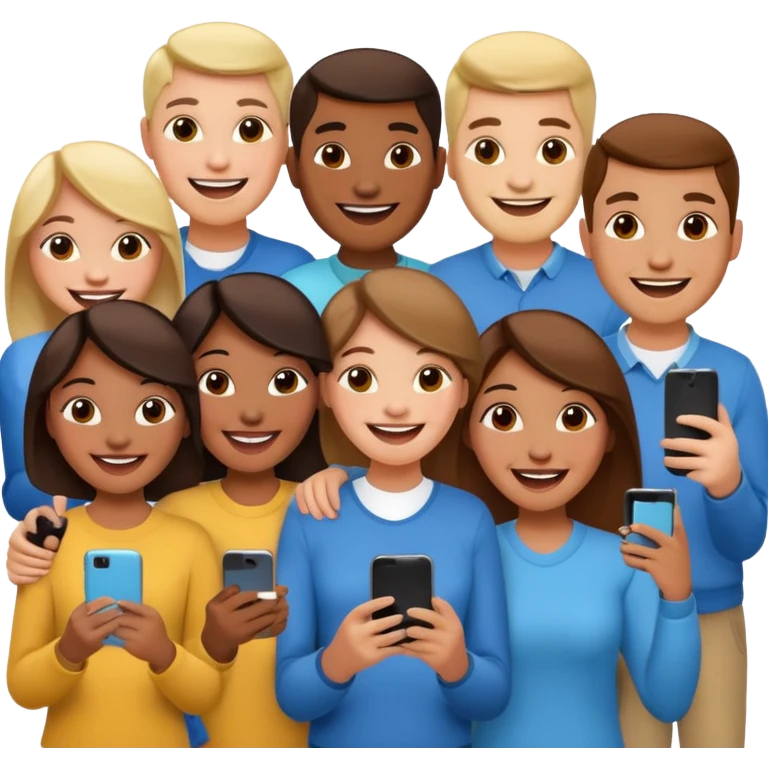 a crowd of people with happy faces and holding phone emoji