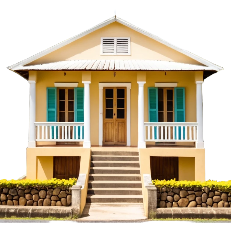 A typical wooden house from rural Puerto Rico with a central functional door, two symmetrical windows with shutters, a front porch with open railings, and a rocking chair. The house should look humble but well-maintained, evoking warmth and authenticity. emoji