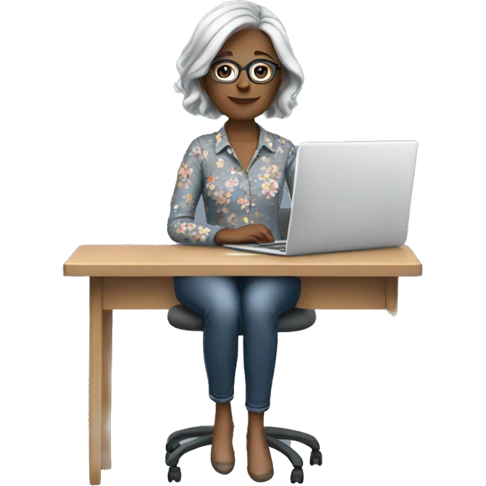 White female Teacher sitting at desk with a laptop shoulder length grey hair wearing glasses jeans and a flower shirt emoji