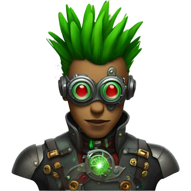 Male cyborg with thin red Mohawk and green steampunk goggles emoji