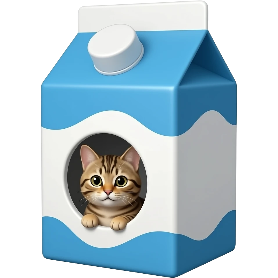 milk carton with blue and white color and with a small circle cutout where you can see a small tabby cat inside emoji