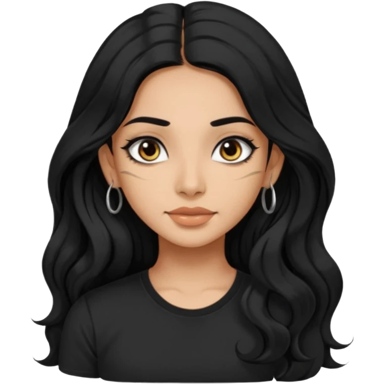 a pretty indian bratz girl with wavy long black hair, wearing a black tshirt, eyeliner on. no earrings emoji