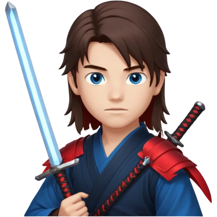 A 14 year old with red glowing katana and his hair be long and eye colour of blue make it boy  emoji