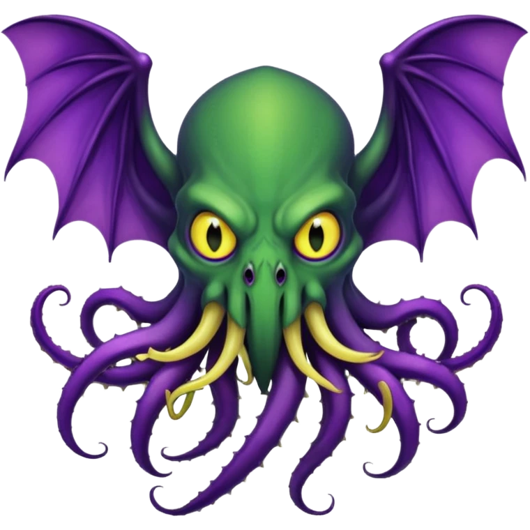 deep green Cthulhu with purple bat wings and purple gradient tentacles. Yellow angry eyes. yellow suckers on tentacles. dramatic ominous shading. two saber-teeth emoji