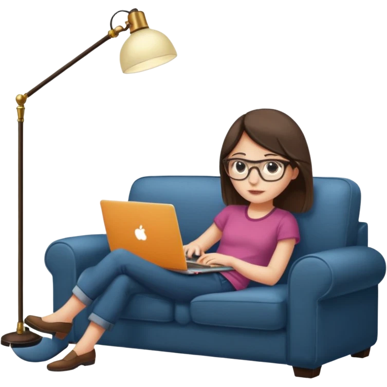 A girl is working with a laptop while lying on a sofa, with a floor lamp to the right. emoji