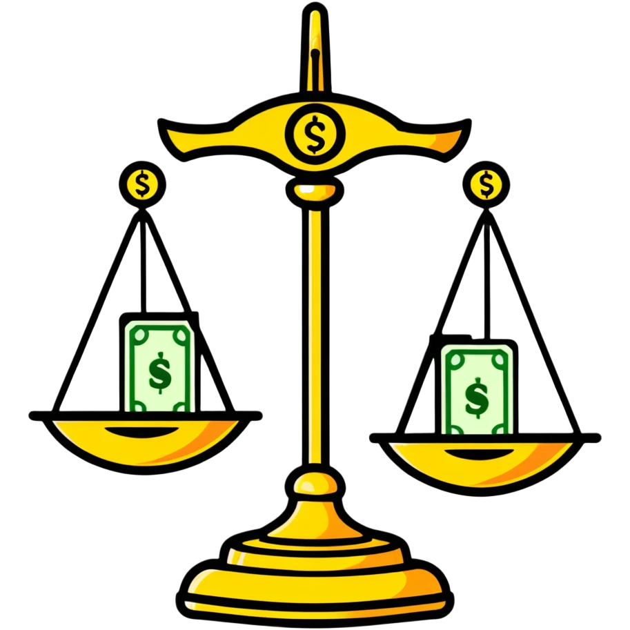 A decorative gold balance scale with green money and dollar signs on one side and three colorful stars on the other side emoji
