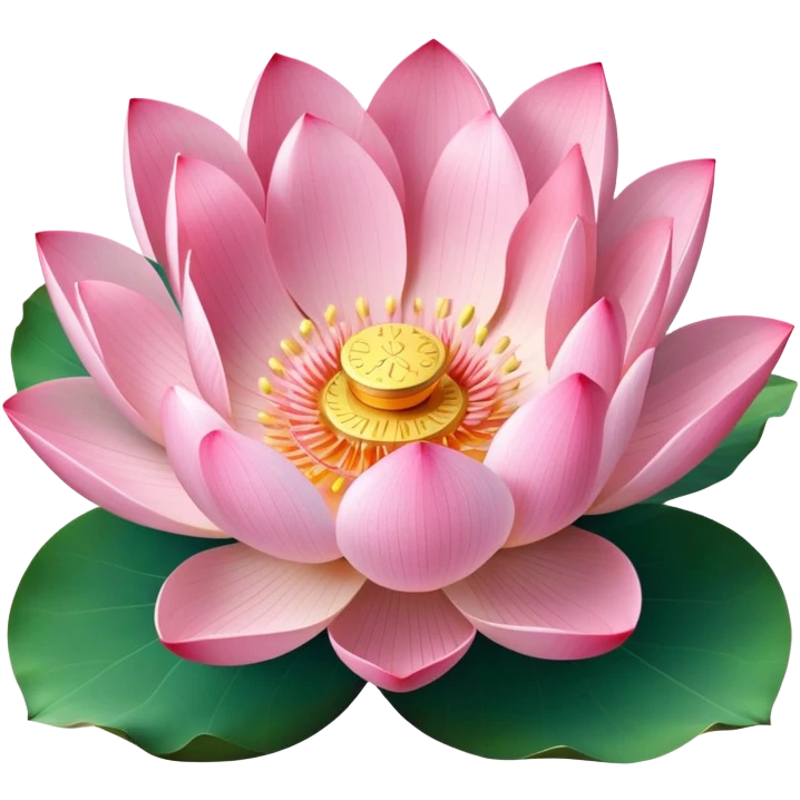 Accurate lotus flower with pink petals and botanically correct lotus leaf - round with distinctive notch, raised edges and radial veins emoji