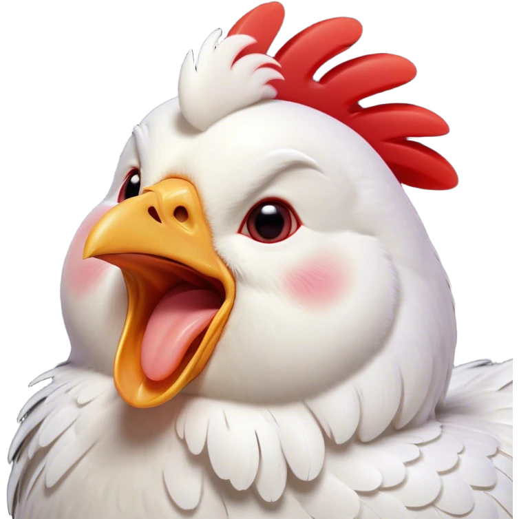 Cinematic Cute Yawning White Chicken Portrait Emoji, Head tilted slightly with a dramatic, wide-open yawn, showcasing a soft, fluffy white plumage with a crisp red comb and drooping wings, round beady eyes barely open in drowsy contentment, Simplified yet irresistibly adorable features, highly detailed, glowing with a soft, cozy glow, high shine, relaxed yet expressive, stylized with a touch of whimsy, bright and endearing, soft glowing outline, capturing the essence of a sleepy yet affectionate chicken, so drowsy it feels like it could stretch out of the screen and curl up for a nap! emoji