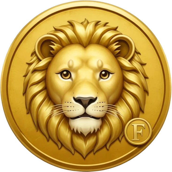 Fais un emoji de pièce d'or ronde avec l'inscription "F" dessus et un lion très détaillé gravé sur la pièce. Le F et le lion doivent être très lisible ainsi que les détails autour de la pièce. Le lion doit être gravé et en 2D il doit pas ressortir, il doit être subtile, le F doit être très visible emoji