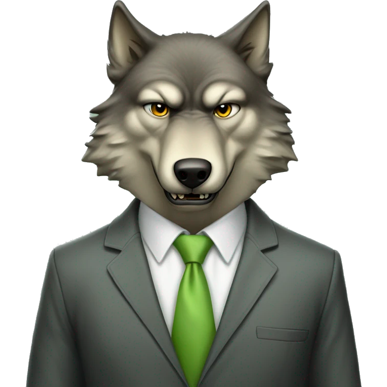 Portrait of Big Bad Angry Wolf with a human-like face wears a sleek jacket and tie like a salesman with a light green tie emoji