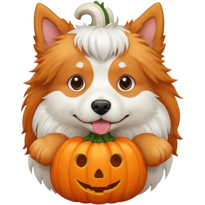 Orange and white dog with pumpkin emoji