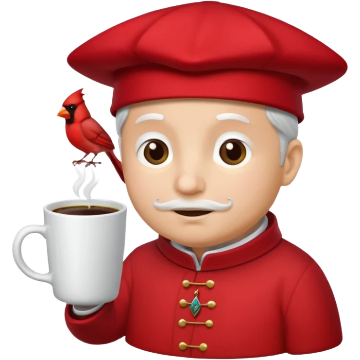 Cardinal with hat that has CMC on it and a cup of coffee emoji