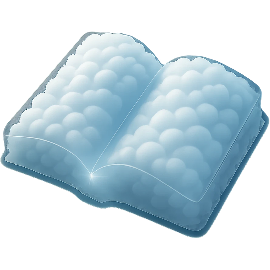 thick open book viewed from above, made entirely of small very bright white fluffy convex clouds, matte glass style, emphasis on volume and airiness, no background emoji