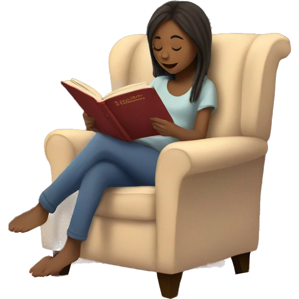 Girl under blanket reading a book on cozy chair next to fireplace emoji