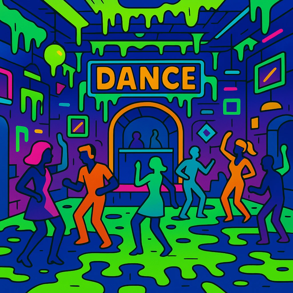 a vibrant toon style dance hall covered in slime, neon lights, and dancing figures emoji