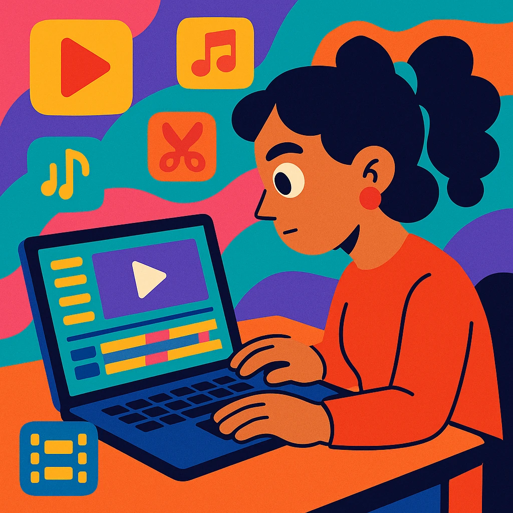 a woman editing a video on a laptop, vibrant toon style emoji