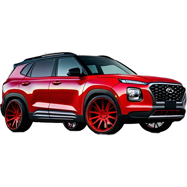 Lifted Red Hyundai Venue with 26 inch forgiato wheels and houston swangas on the wheels emoji