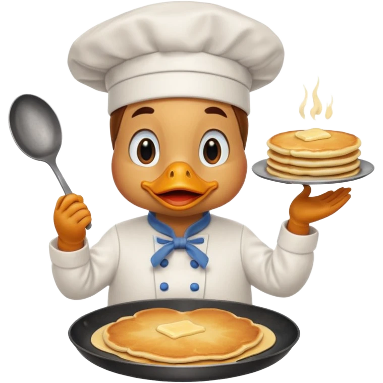 A chef duck wearing a tiny apron, making pancakes on a pan emoji