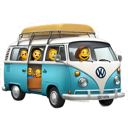 happy and smiling family in vw combi camper van emoji