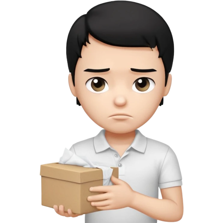 generate a pretty bratz boy with black hair, wearing a plain white polo shirt. Looking sad, holding a box of tissues in his right hand emoji