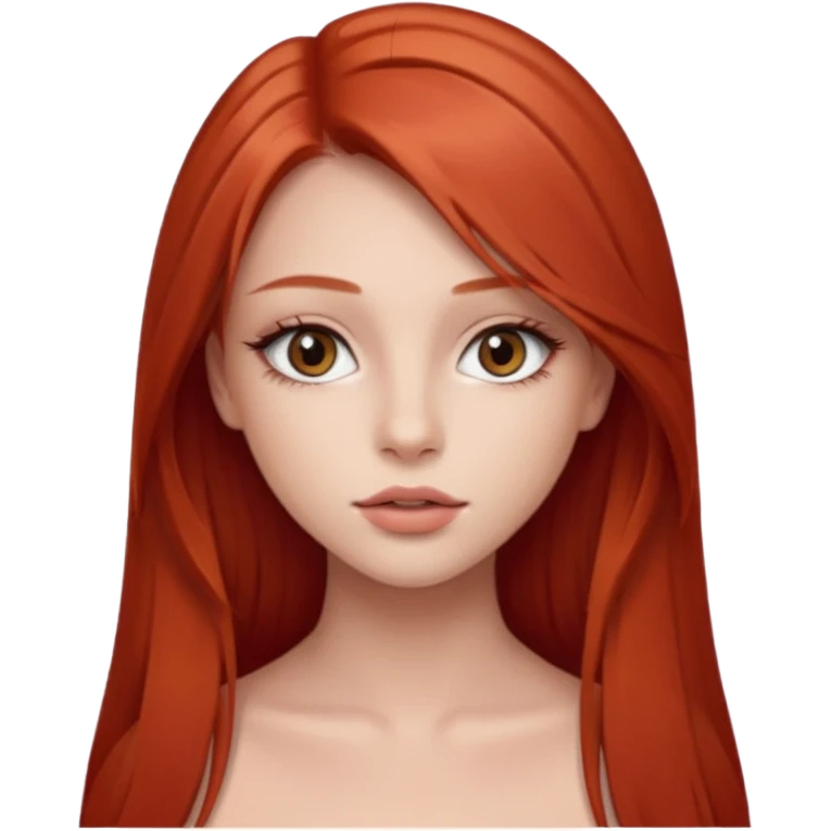una chica de 18 años con los labios con pintalabios nude y los ojos maquillados, de piel blanca con el pelo liso, largo y pelirrojo, ojos marrones emoji