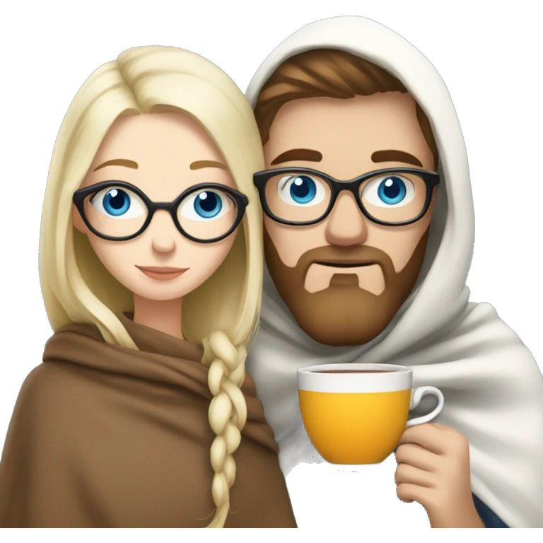 Pale blonde girl with blue eyes wearing glasses and pale man with short brunette and beard drinking tea under a blanket emoji