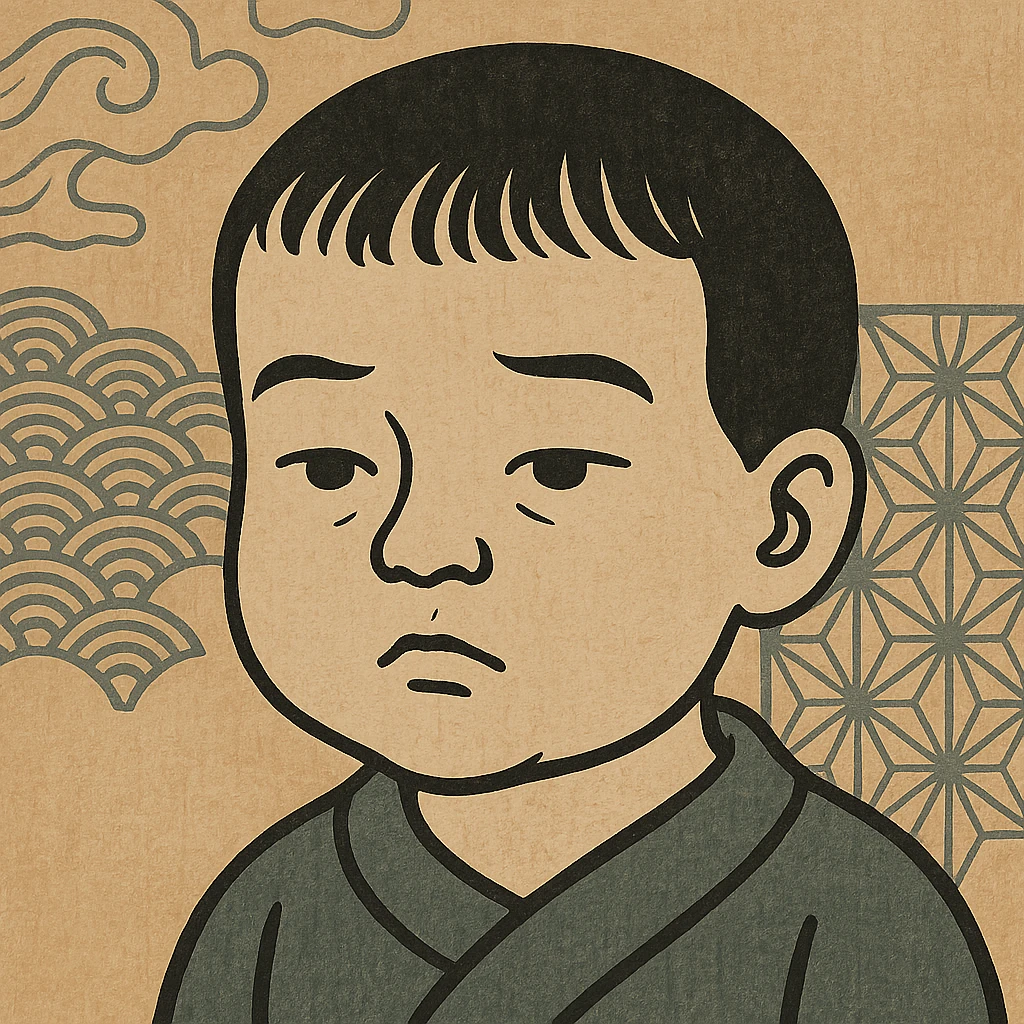 ukiyo-e inspired black and white portrait of a child boy's face emoji