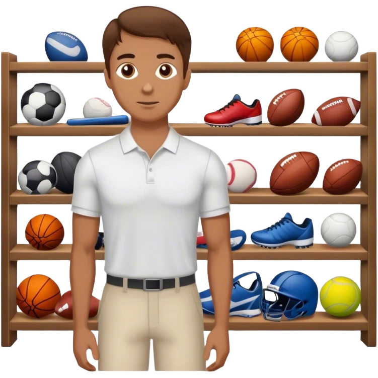 a white  salesman with brown hair standing next to a shelf where sports equipment is placed emoji